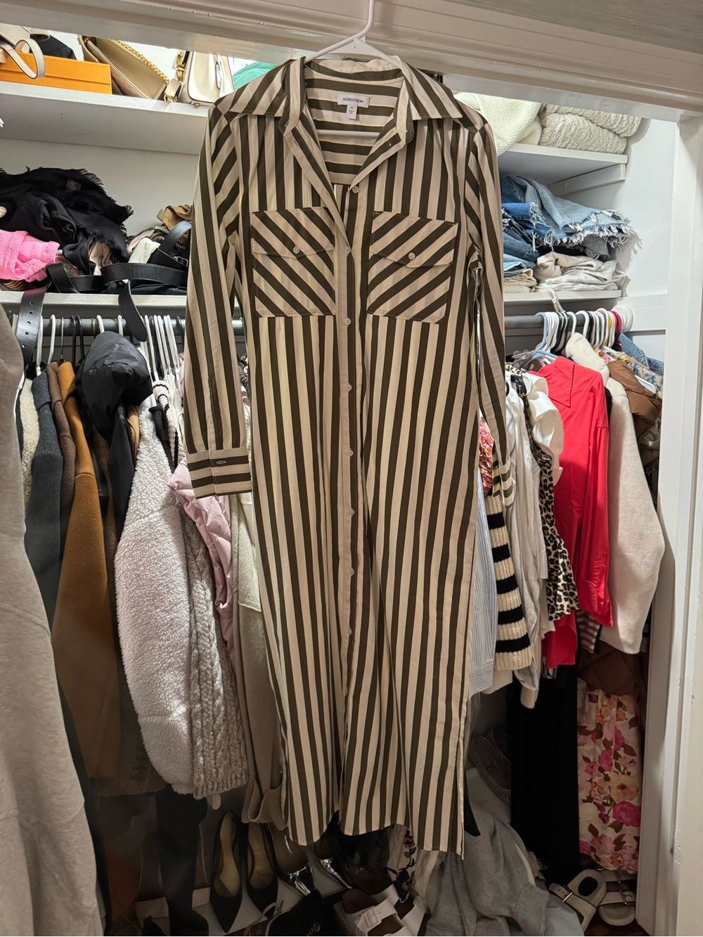 Nordstrom Olive and White Striped Maxi Shirt Dress